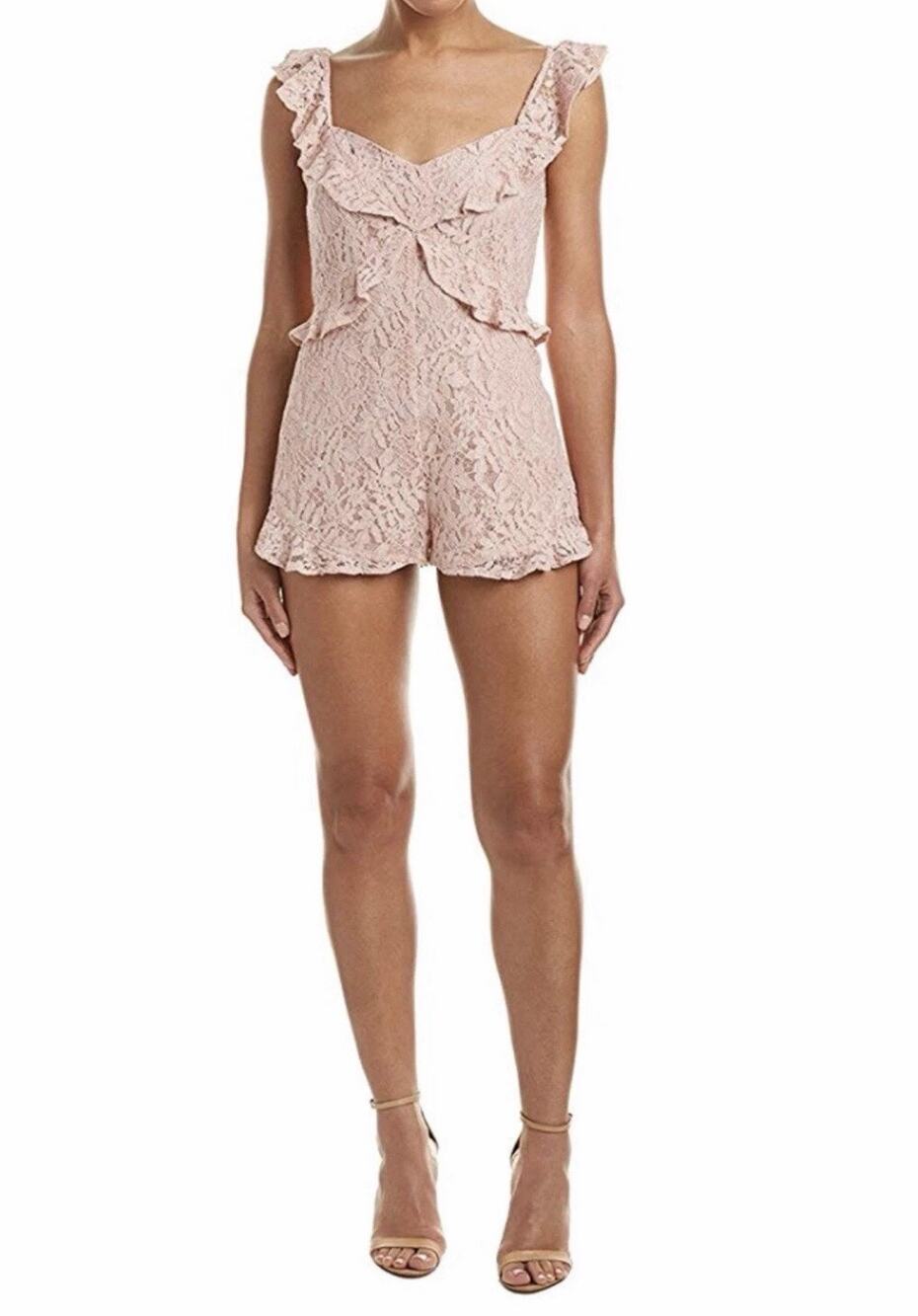 BCBGeneration Lace Romper Size 0 Rose Smoke Ruffle Sleeveless Flutter NWT